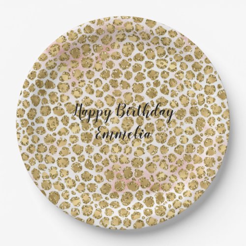 Glitzy Glam Gold Blush Glitter Leopard Print    Paper Plates