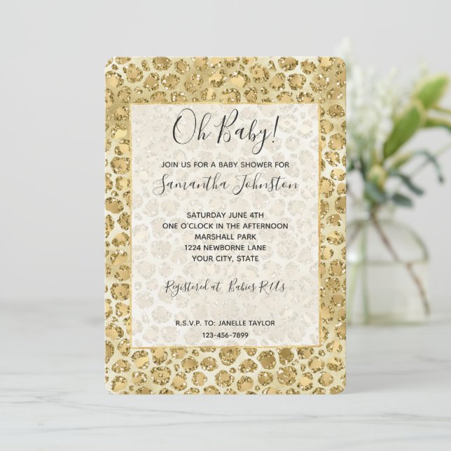 Glitzy Glam Gold Glitter Leopard Print Invitation (Standing Front)