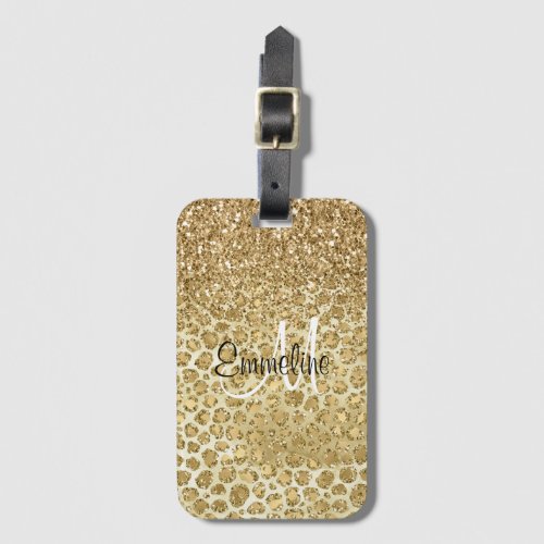Glitzy Glam Gold Glitter Leopard Print Monogram    Luggage Tag