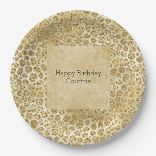 Glitzy Glam Gold Glitter Leopard Print    Paper Plates