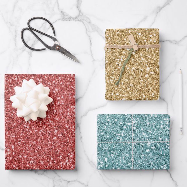 Glitzy Glam Red Gold Green Glitter   Wrapping Paper Sheets (Front)
