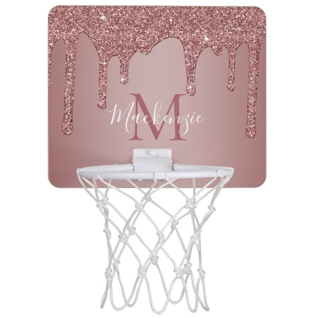 Glitzy Glam Rose Gold Dripping Glitter Monogram Mini Basketball Hoop (Front)