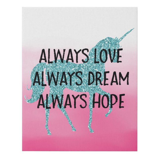 Glitzy Glitter Aqua Unicorn Inspirational quote Faux Canvas Print (Front)