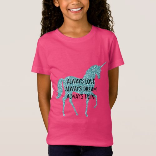 Glitzy Glitter Aqua Unicorn Inspirational quote T_Shirt