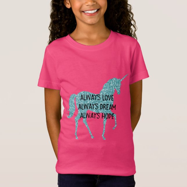 Glitzy Glitter Aqua Unicorn Inspirational quote T-Shirt (Front)