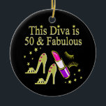 GLITZY GOLD 50TH BIRTHDAY DIVA DESIGN CERAMIC ORNAMENT<br><div class="desc">This glitzy 50 year old Shoe Queen will adore our gold High Heels and lipstick design on 50th birthday T Shirts, Apparel and exceptional gifts such as jewelry, home décor, party goods, mugs and more. Surprise your gorgeous 50 year old with this stylish 50th birthday design that she will cherish...</div>