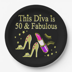 GLITZY GOLD 50TH BIRTHDAY DIVA DESIGN PAPER PLATES