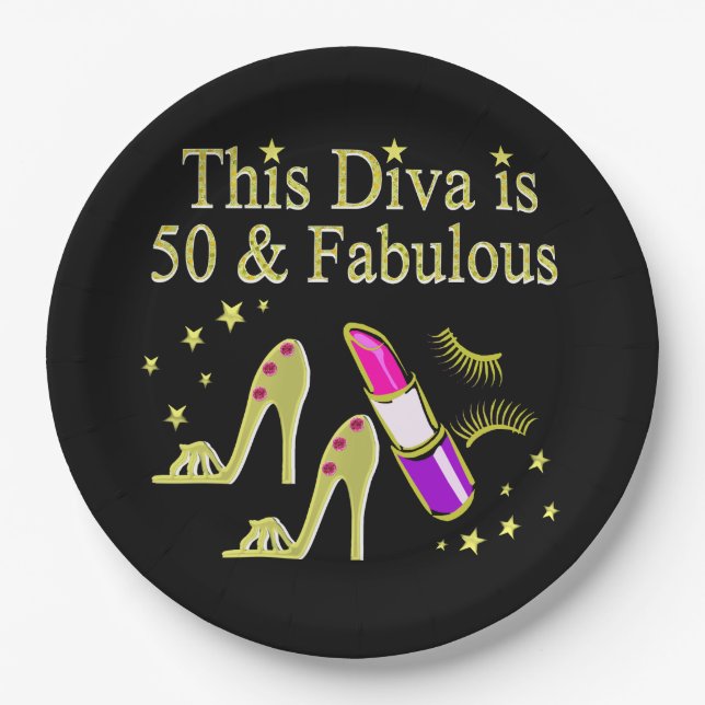 GLITZY GOLD 50TH BIRTHDAY DIVA DESIGN PAPER PLATES (Front)