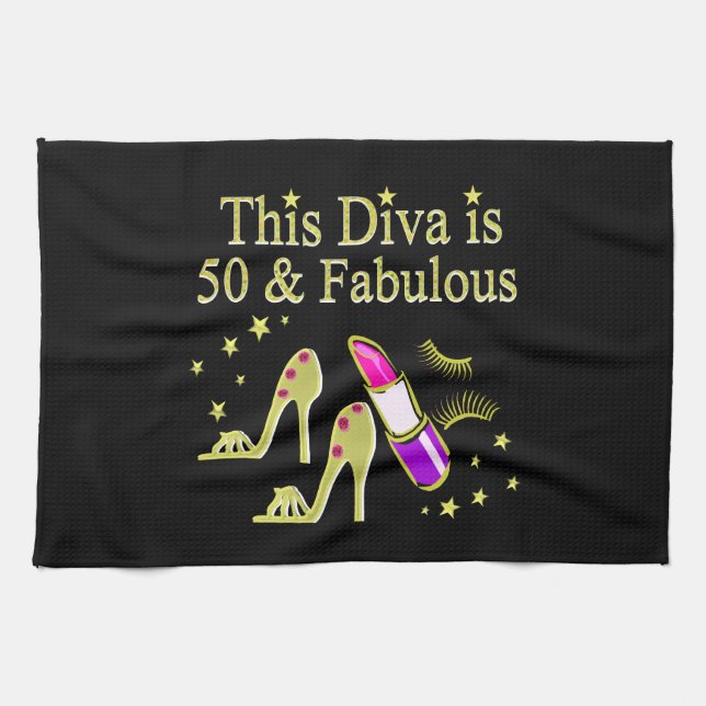 GLITZY GOLD 50TH BIRTHDAY DIVA DESIGN TOWEL (Horizontal)