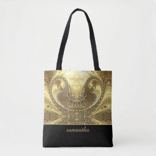 Glitzy Gold and Black Monogram Tote Bag