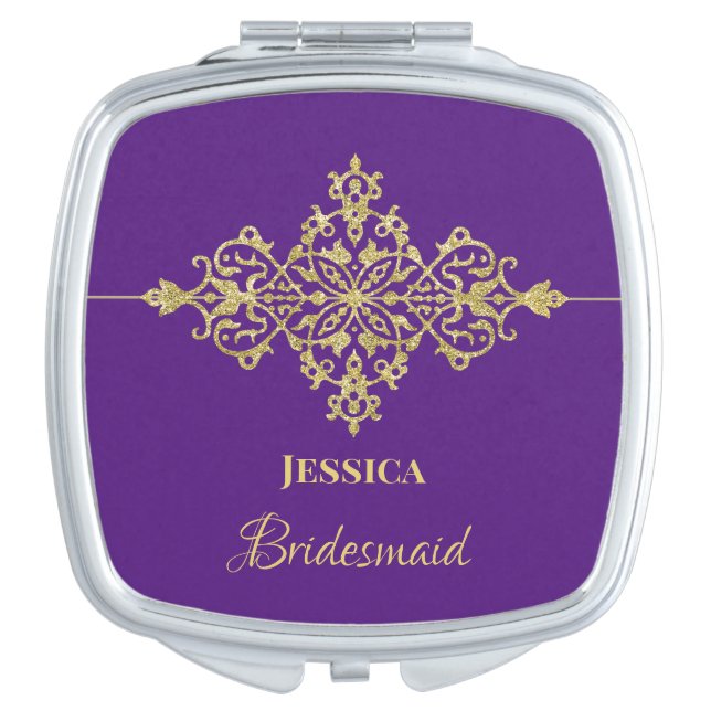 Glitzy Gold and Purple Bridesmaid Compact Mirror (Front)