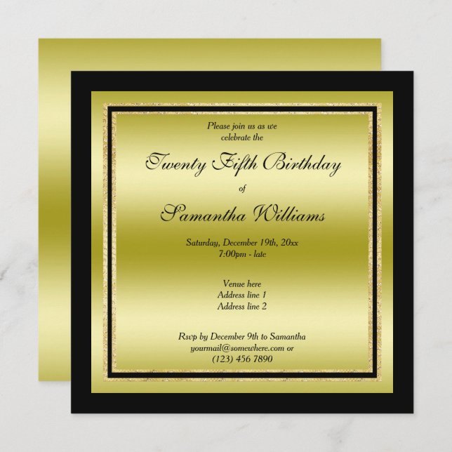 Glitzy Gold & Black Framed Birthday Invitation (Front/Back)