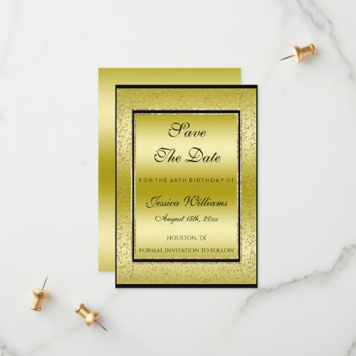 Glitzy Gold  Black Gold Glitter Frame Birthday Save The Date