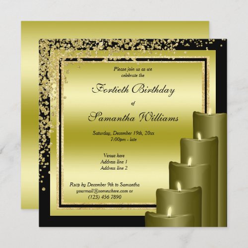 Glitzy Gold Confetti  Candles 40th Birthday Invitation