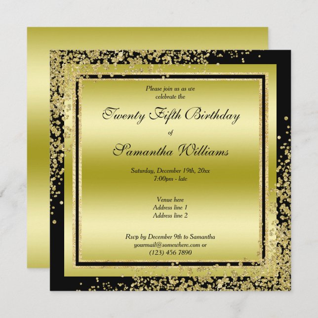 Glitzy Gold Confetti Decorations 25th Birthday Invitation (Front/Back)
