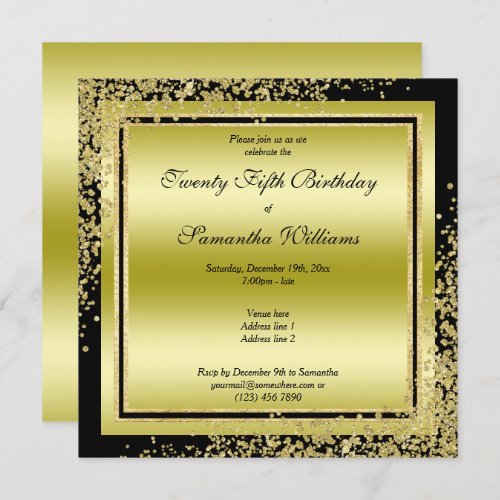 Glitzy Gold Confetti Decorations 25th Birthday Invitation