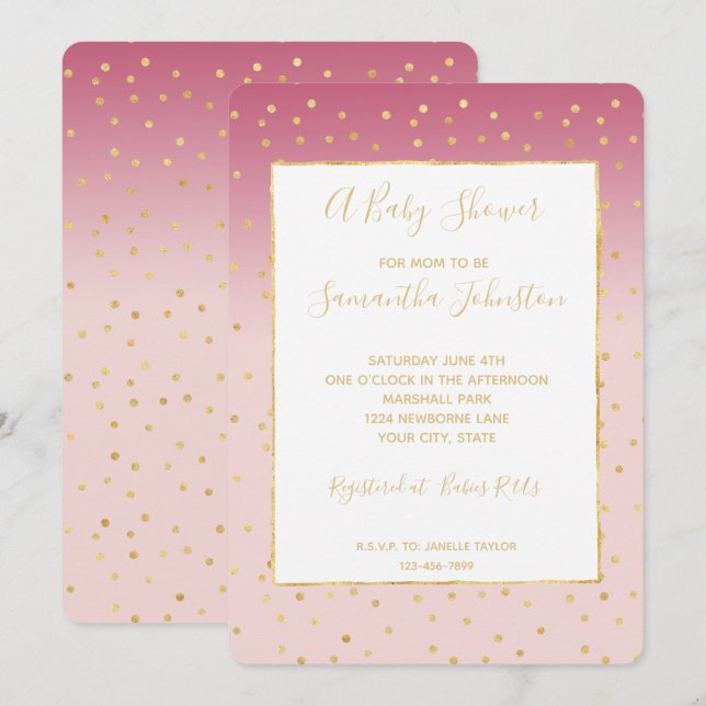 Glitzy Gold Confetti Pink Ombre Baby Shower Invitation (Front/Back)