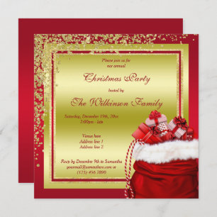 Glitzy Gold Confetti & Santa`s Gifts Christmas Invitation