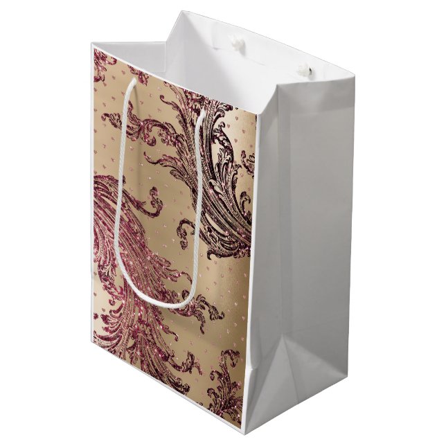Glitzy Gold Glam Burgundy Hearts Bridal Shower Medium Gift Bag (Front Angled)