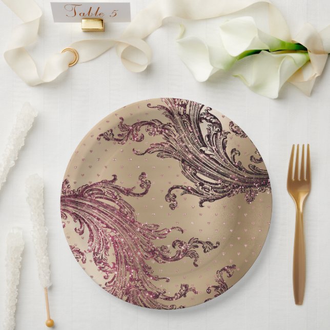 Glitzy Gold Glam Burgundy Hearts Bridal Shower Paper Plates (Wedding)