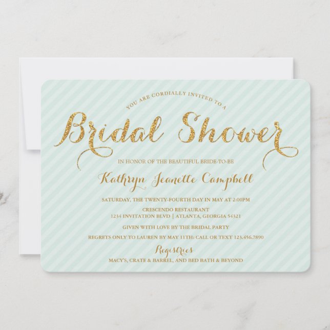 Glitzy Gold Glitter Bridal Shower Invite - Mint (Front)