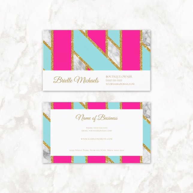 Glitzy Gold Glitter Pink Blue Stripes and Marble Business Card (Glitzy Gold Glitter Pink Blue Stripes and Marble Business Cards)