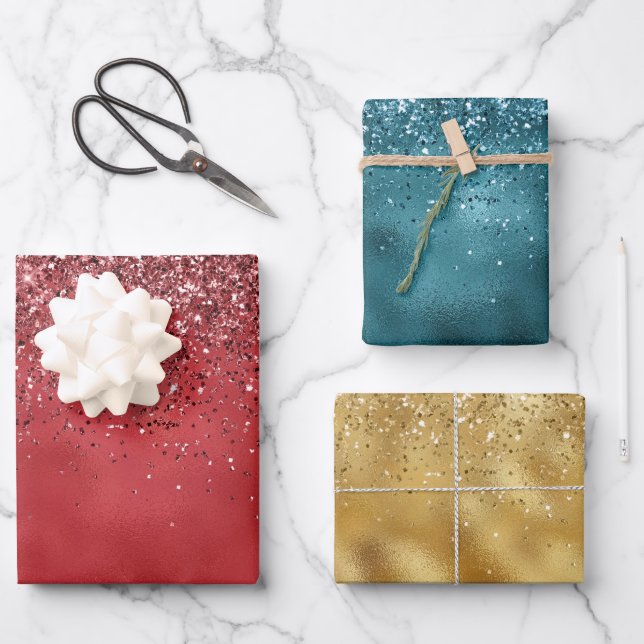 Glitzy Gold Green Red Glitter Sparkle Wrapping Paper Sheets (Front)