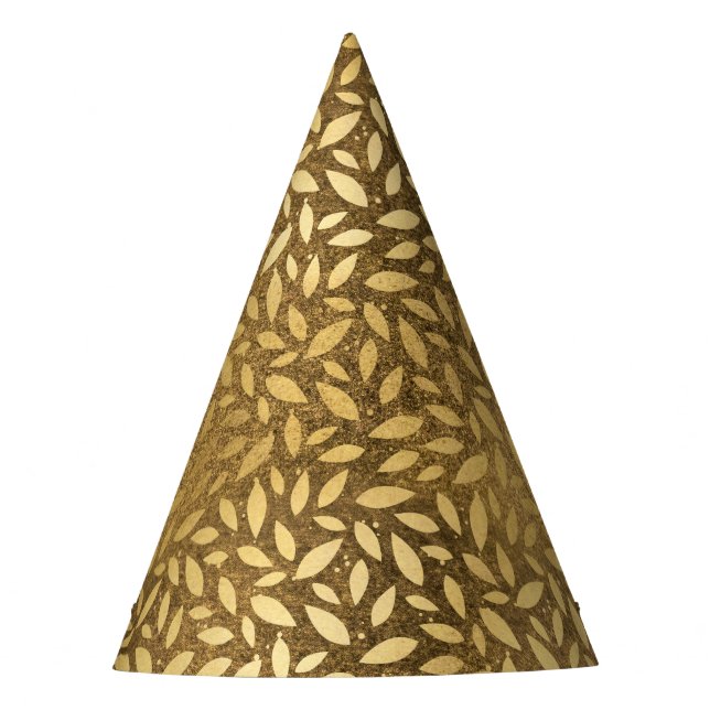 Glitzy Gold Leaves Faux Foil Pattern Party Hat (Front)