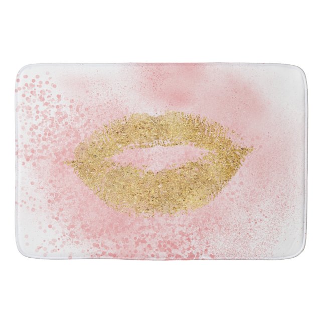 Glitzy Gold Lips Pink Confetti Kiss Bath Mat (Front)
