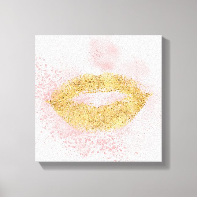 Glitzy Gold Lips Pink Confetti Kiss Canvas Print (Front)