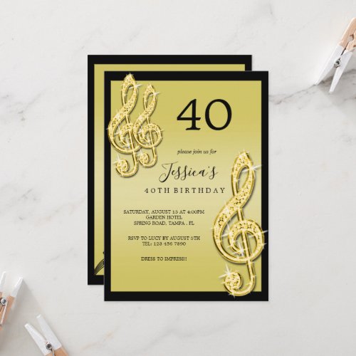 Glitzy Gold Music Notes Birthday Invitation