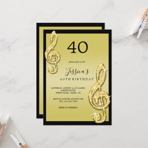 Glitzy Gold Music Notes Birthday Invitation