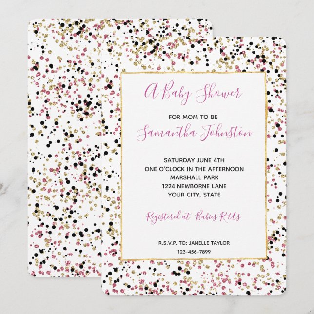 Glitzy Gold Pink Black Confetti Dots Baby Shower Invitation (Front/Back)