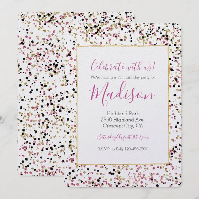 Glitzy Gold Pink Black Confetti Dots Birthday Invitation (Front/Back)