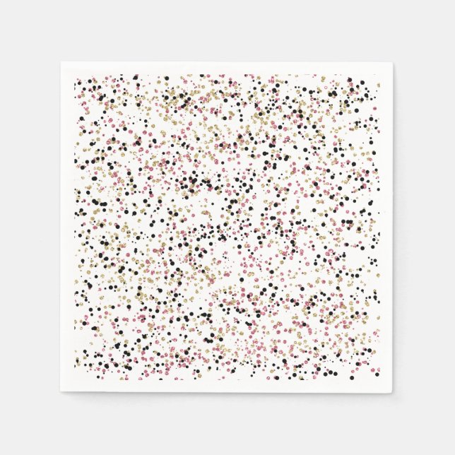 Glitzy Gold Pink Black Confetti Dots Birthday Paper Napkins (Front)