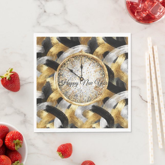 Glitzy Gold Silver Black New Year's Clock Napkins (Insitu)