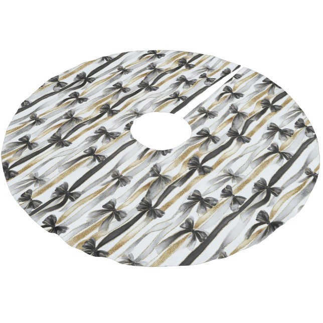 Glitzy Gold Silver Black Ribbons Bows Christmas Brushed Polyester Tree Skirt (Angled)