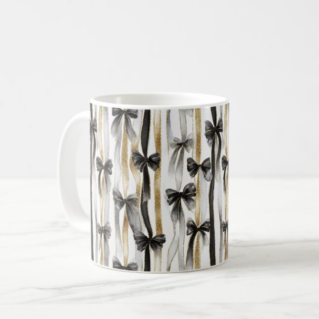 Glitzy Gold Silver Black Ribbons Bows Coffee Mug (Front Left)