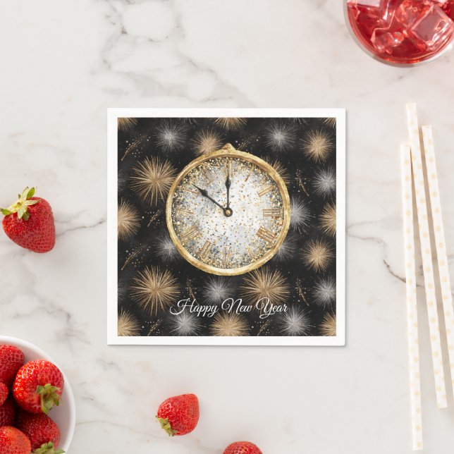 Glitzy Gold Silver Fireworks New Year's Clock Napkins (Insitu)