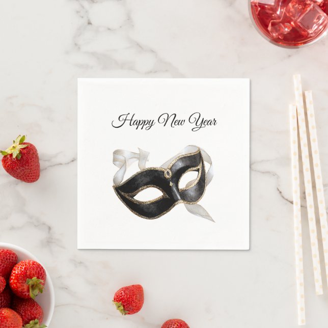 Glitzy Gold Silver New Year Black Mask Napkins (Insitu)