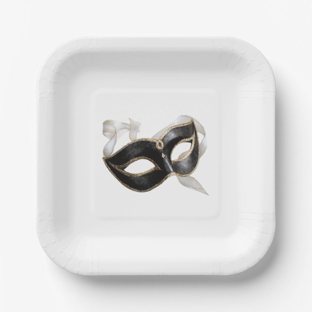 Glitzy Gold Silver New Year Black Mask Paper Plates (Front)
