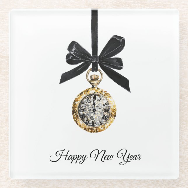 Glitzy Gold Silver New Year Midnight Hour   Glass Coaster (Front)