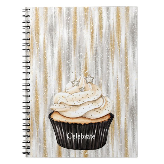 Glitzy Gold Silver Stars Cupcake Celebrate Notebook (Front)