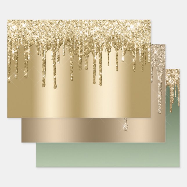 Glitzy Gold Sparkle Glitter Drips Birthday Wrapping Paper Sheets (Set)