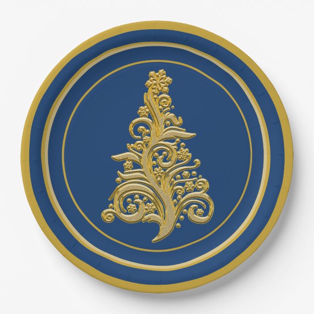 Glitzy Gold Tree with Blue Background Holiday Paper Plates (Front)