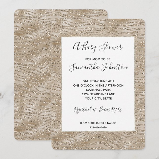 Glitzy Gold Wavy Stripes Baby Shower Invitation (Front/Back)