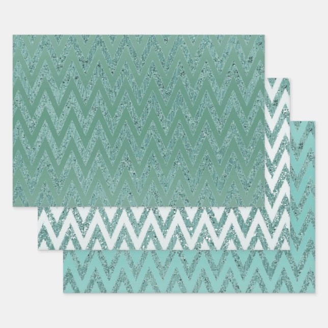 Glitzy Green Chevron Stripes Christmas Wrapping Paper Sheets (Set)