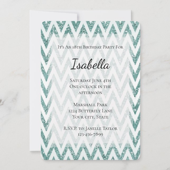 Glitzy Green Emerald Mint Zigzag Stripes  Invitation (Back)