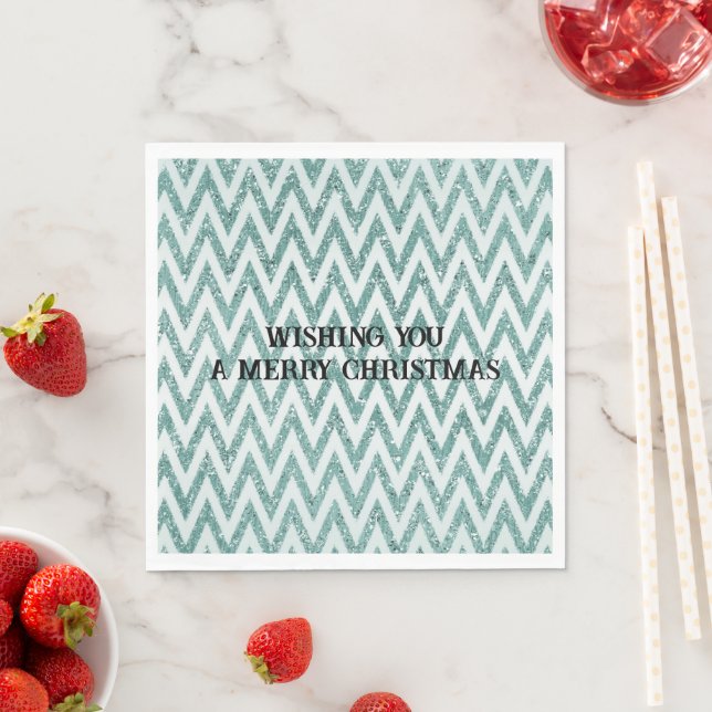 Glitzy Green White Chevron Stripes Christmas Napkins (Insitu)
