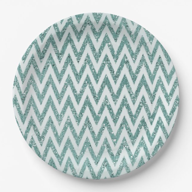 Glitzy Green White Chevron Stripes Christmas Paper Plates (Front)